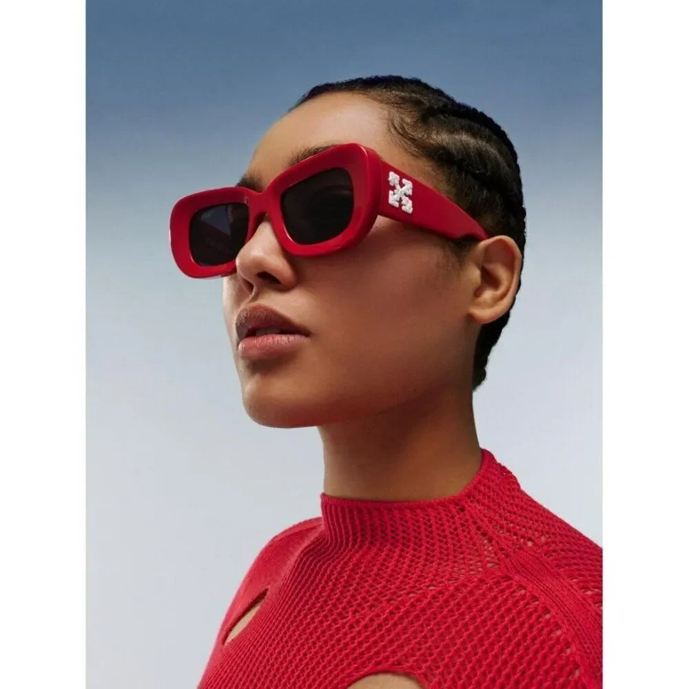 NEW Off-White CARRARA 507 Red Dark Grey Unisex Rectangular Sunglasses